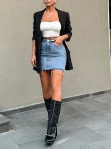 EURMUSE Petite Solid Mini Denim Skirt - Medium Wash - View 4