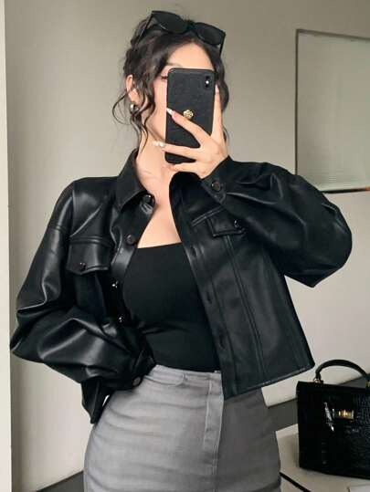 DAZY Chaqueta corta de mujer con bolsillos grandes, uso casual de oficina, cortavientos de manga larga de PU, ropa de mujer para otoño/invierno