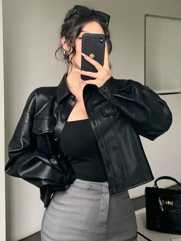 DAZY Chaqueta corta de mujer con bolsillos grandes, uso casual de oficina, cortavientos de manga larga de PU, ropa de mujer para otoño/invierno