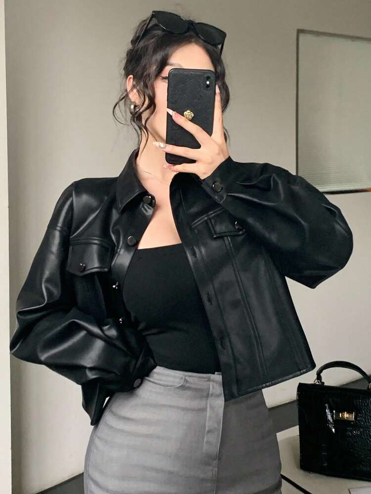 Women's Short Jacket With Large Pockets, Casual Business Office Wear, Long Sleeve PU Windbreaker, Autumn/Winter,Fall Women Clothes Leather Jacket