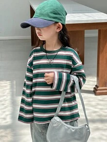 DAZY 女童条纹休闲长袖T恤，春秋季 - 綠色 - 查看 6