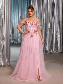 Glamrae 大码夏季优雅浪漫奢华粉色网眼缀饰露肩泡泡袖网眼裙，适合晚会、单身派对、约会、度假、舞会、婚礼、正式场合（重刺绣） - 粉色 - 查看 3