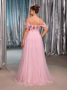 Glamrae 大码夏季优雅浪漫奢华粉色网眼缀饰露肩泡泡袖网眼裙，适合晚会、单身派对、约会、度假、舞会、婚礼、正式场合（重刺绣） - 粉色 - 查看 4