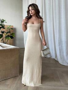 Jemour Women Simple Elegant Fashion Sexy Criss-Cross Backless Side Slit Bodycon Midi Knit Dress - Khaki - View 1