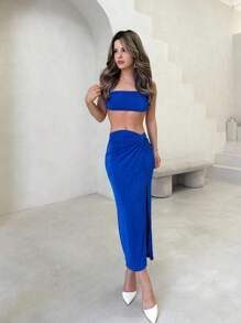 Jemour 短款抹胸上衣和扭結高衩半身裙 - 寶藍色 - 查看 1