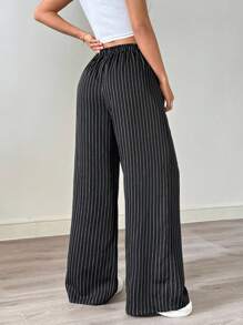 SHEIN EZwear 女款休閒條紋寬腿褲，適合日常穿著，低腰，返校季，秋冬百搭褲 - 彩色 - 查看 2