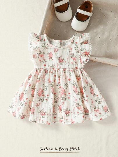 Cozy Pixies Nyfödd Baby Flicka Snygg Blommig Rund Halsringning Kortärmad Midja Klänning