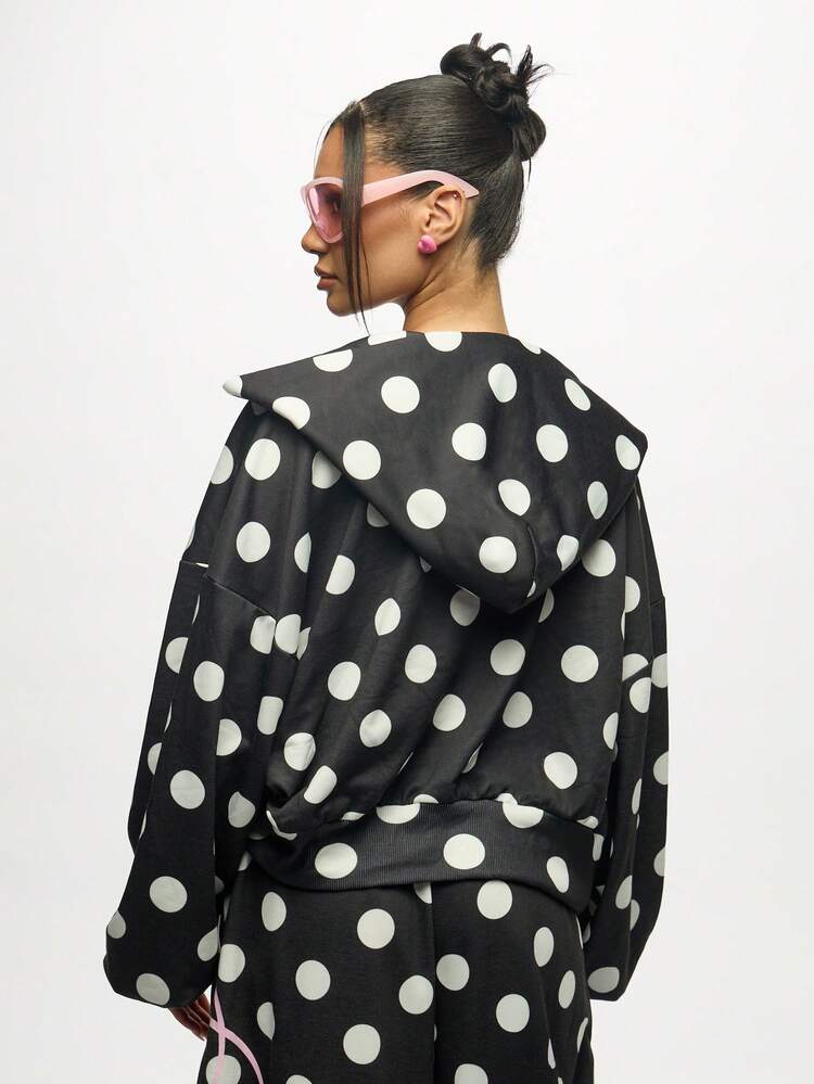 SUMWON WOMEN Polka Dot Cropped Hoodie With Balloon Sleeves And Drawstring