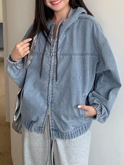 Dazy Plus Áo khoác denim tay dài ống loe rộng màu xanh nhạt có mũ trùm đầu, khóa kéo, dây rút, cỡ lớn cho nữ, áo khoác thu cho nữ