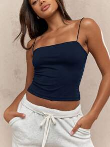 MISSGUIDED 女士修身抹胸短款上衣细肩带无缝夏季基本款露肩休闲俱乐部派对弹力背心时尚夜间外出必备 - 藏蓝色 - 查看 3