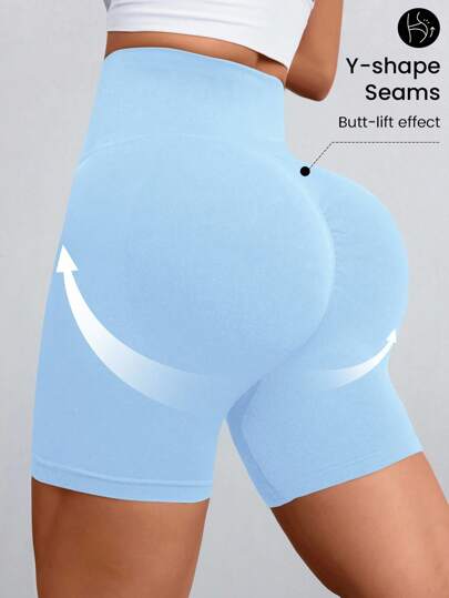 Sovereign Charm Women's Solid Color Sport Shorts With Back Fold Design Blue ShortsWomen Sweat Short, Gym Short, Biker Short