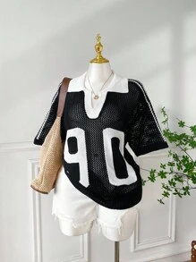 SHEIN EZwear 大码女式数字图案短袖镂空针织上衣 - 黑色 - 查看 4