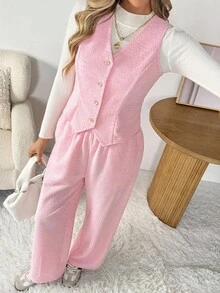 SHEIN LUNE Women's Casual Solid Color Basic Outfit Suit, Blazer Vest And Pants 2 Pieces Set - Pink - View 8