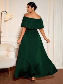 Cravure 加大码长款伴娘礼服，收腰，侧开衩，露肩，荷叶边下摆，优雅适合舞会、主持、表演 - 墨綠色 - 查看 2