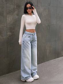 EURMUSE WOMEN MID WAIST WIDELEG BLUE DENIM CASUAL STREET WEAR - Medium Wash - View 4