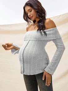 Boho Mama 孕妇纯色露肩喇叭袖荷叶边条纹单排扣T恤 - 灰色 - 查看 5
