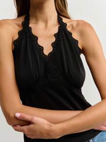 Nöista Top halter sin espalda con borde de encaje de color negro sólido, para verano y salir - Negro - Ver 1