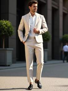 Calvornis Men's Casual Business All-Over Print Suit Jacket And Pants Set, Lapel Collar - Khaki - View 4