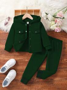 SHEIN 2pcs Young Girl Solid Color Hooded Long Sleeve Single-Breasted Casual Suit, Jacket And Pants Set Fall Winter - Dark Green - View 1