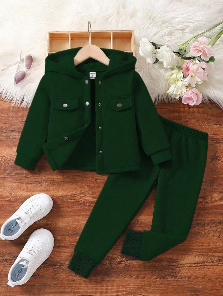 SHEIN 2pcs Young Girl Solid Color Hooded Long Sleeve Single-Breasted Casual Suit, Jacket And Pants Set Fall Winter - Dark Green - View 1