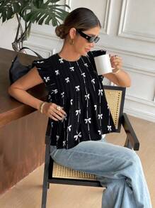 Serisse 女式蝴蝶结印花圆领盖袖褶皱宽松衬衫 - 黑色 - 查看 5