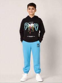 2 Stück Tween Jungen Lässiger minimalistischer Cartoon Spielekonsolen Muster Loose Fit Langarm Hoodie Set, geeignet für Herbst/Winter Schulanfang Kleidung - Schwarz - Übersicht 6