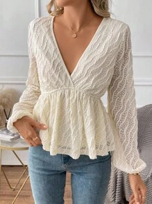 SHEIN Clasi Top Peplum de Cor Sólida Semitransparente com Textura e Decote em V, Estilo Casual de Férias, Primavera/Verão/Outono