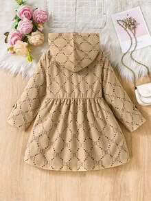 Elladie kids Young Girl Khaki Bow Print Thermal Lined Hooded Double-Breasted Fashion Coat, Suitable For Casual Daily Wear Fall Winter - Multicolor - View 2