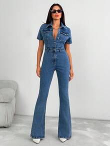 EURMUSE Button Front Medium Wash Denim Jumpsuit Denim Jumpsuit Women Blue Jean Jumpsuit Flare Jumpsuit Jean Jumpsuit Womens Jumpsuit - Medium Wash - View 3
