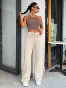 EURMUSE Casual High Waist Solid Color Plain Pattern Wide Leg DrawCord Detailed Belt Knitted Panrs - Apricot - View 5