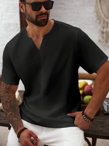 Manfinity Homme Camisa casual de manga corta con cuello en V de unicolor para hombres de talla grande - Negro - Ver 1