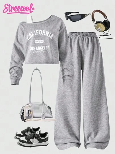 SHEIN Streecool Kids 2 件 Tween Girls ME 宽松设计斜肩撞色印花长袖上衣和阔腿裤套装，适合日常、通勤、休闲、度假、聚会、街头风格、秋冬