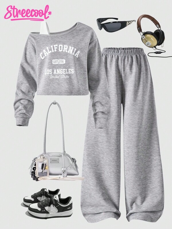 SHEIN Streecool Kids Set de 2 piezas de blusa de manga larga con hombros oblicuos y estampado de color contrastante, y pantalones de pierna ancha para niñas preadolescentes, adecuado para uso diario, ir al trabajo, casual, vacaciones, reuniones, estilo callejero, otoño/invierno