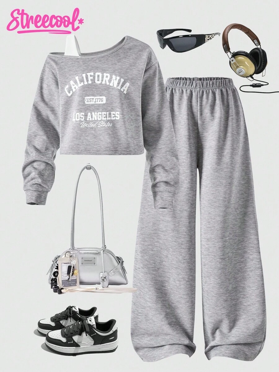 SHEIN Streecool Kids 2pcs Tween Girls ME Loose Design Oblique Shoulder Contrast Color Print Long Sleeve Top And Wide Leg Pants Set, Suitable For Daily, Commute, Casual, Vacation, Gathering, Street Style, Autumn/Winter Fall - Grey - View 1