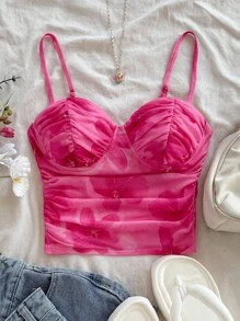 Soleia Damen Große Größen Urlaubs rosafarbenes Mesh geraffte Trägerhemd