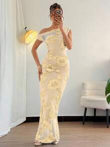 Rafferiza 3D 花卉装饰性感紧身不对称领口度假风格束腰修身连衣裙 - 杏色 - 查看 4