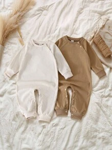 SHEIN 2 件女婴罗纹插肩袖连体衣（含长裤），秋冬 - 彩色 - 查看 1