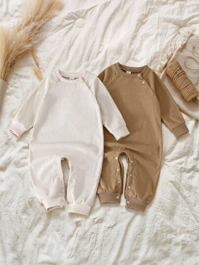 SHEIN 2 件女婴罗纹插肩袖连体衣（含长裤），秋冬