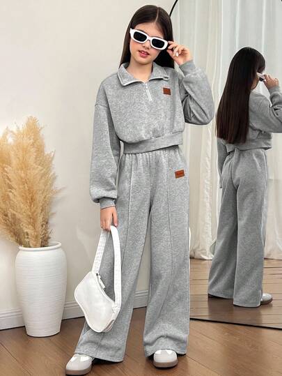 SHEIN Tween Girl Loose Casual Minimalist Comfortable Cropped Sweatshirt And Pants Set Fall Winter