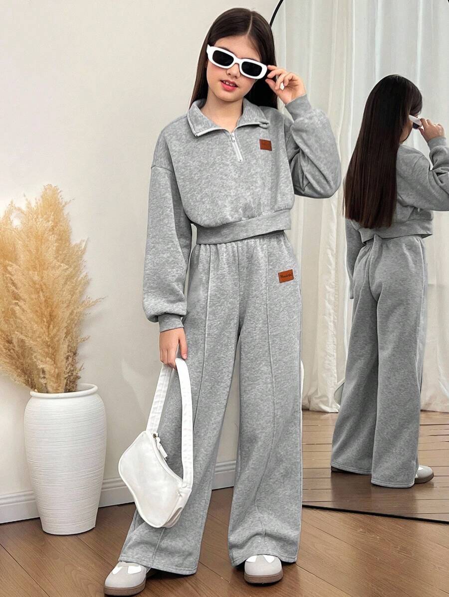 SHEIN Tween Girl Loose Casual Minimalist Comfortable Cropped Sweatshirt And Pants Set Fall Winter