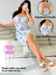 Solflare 大码女式花卉印花荷叶边紧身吊带连衣裙 - 藍白色 - 查看 1