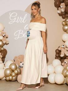 Loomaby 优雅花卉印花露肩孕妇派对连衣裙 - 米色 - 查看 6