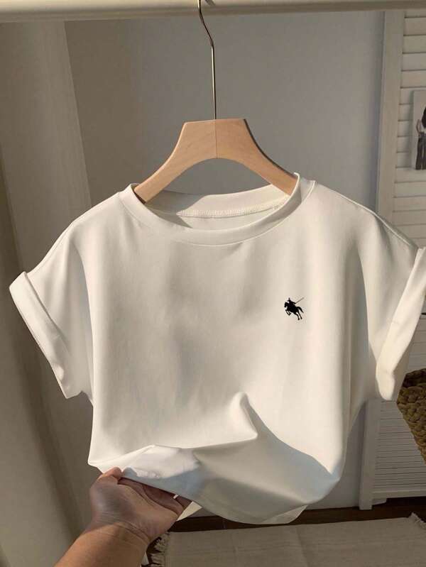 Comfortcana Camiseta casual de manga corta y cuello redondo de corte holgado para mujer, con estampado del logotipo de un caballo, apropiada para el verano