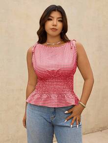 Elaquor Plus Size Women Plaid Waist Tie Ruffle Hem Tank Top - Red - View 7
