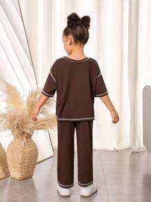 SHEIN Young Girl Knitted Letter Printed Loose Fit Round Neck Pullover T-Shirt And Knitted Leeging Set, Casual Everyday Wear, Great For Casual & Daily Wear & School Daily ,Suitable For Spring And Summer,Suitable For Girls Daily Wear - Brown - View 2