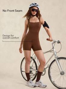 OutZeal Cool Touch Soft Full Underarm Square Neck Jumpsuit Removable Cups Low Impact Cycling Pilates Gym - Coffee Brown - View 4