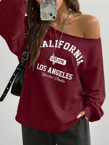 Coolane 女式秋冬休闲针织地名图案单肩运动衫 - 酒紅色 - 查看 4