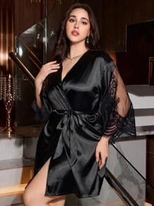 SilkySpell Plus Size Hollow Sexy Lace Backless Jacket, High-End Satin Comfortable Extremely Alluring Women Robe - Black - View 3