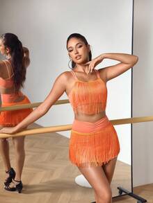 Menodora SHEIN Sport Latin Dance Costume Fringe Two Piece Set Ladies Orange Color Dance Wear - Coral Orange - View 1