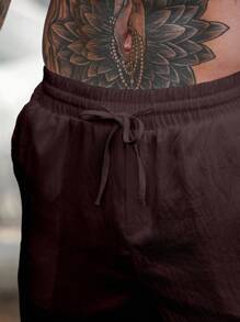 Manfinity Homme Men's Solid Color Waist Tie Pocket Straight Leg Casual Pants, Fall - Coffee Brown - View 4